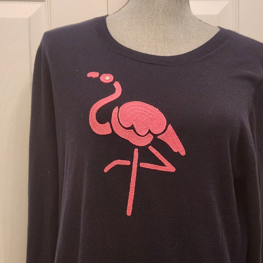 J. Crew "Teddie" Navy Sweater with Bright Pink Flamingo Design Sz LG